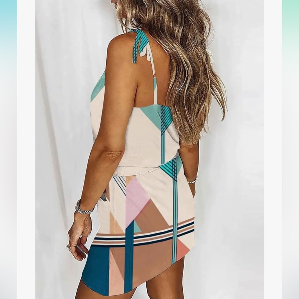 Womens Summer Trendy Stripe Dresses Sleeveless Halter Strap Mini Dress Pockets S - Picture 2 of 3
